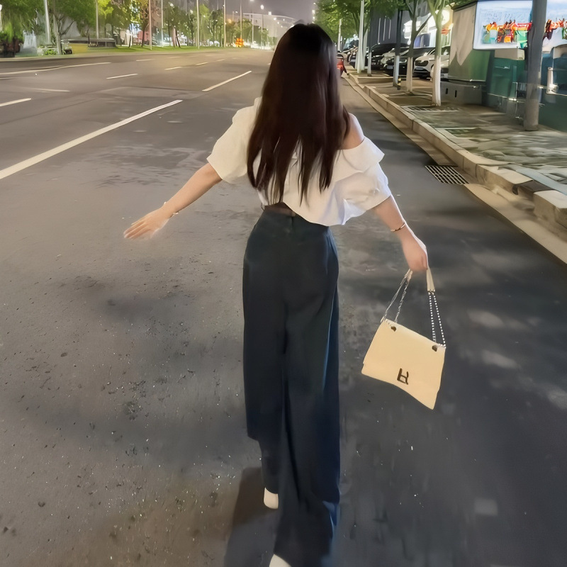 Gentle Style Paired with a Complete Set of Ruffled Short-Sleeved Off-Shoulder Shirts and High-Waisted Denim Wide-Leg Pants Two-Piece Suit