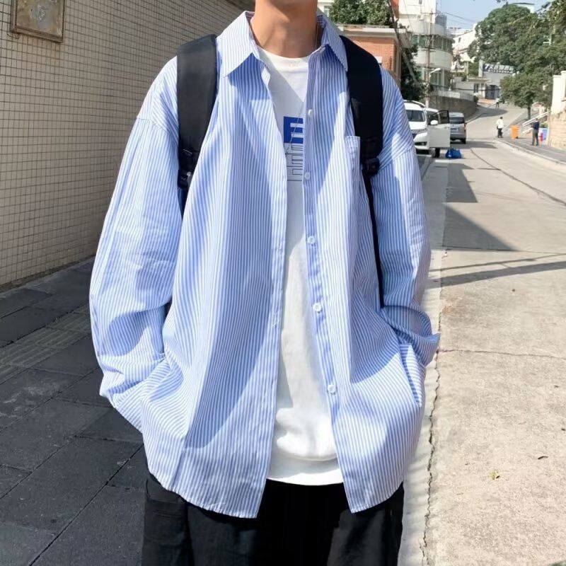 Striped Shirt Men's Korean Style Work All-match Shirt Trendy Brand Loose Ins Hong Kong Style Japanese Style Summer Thin Jacket