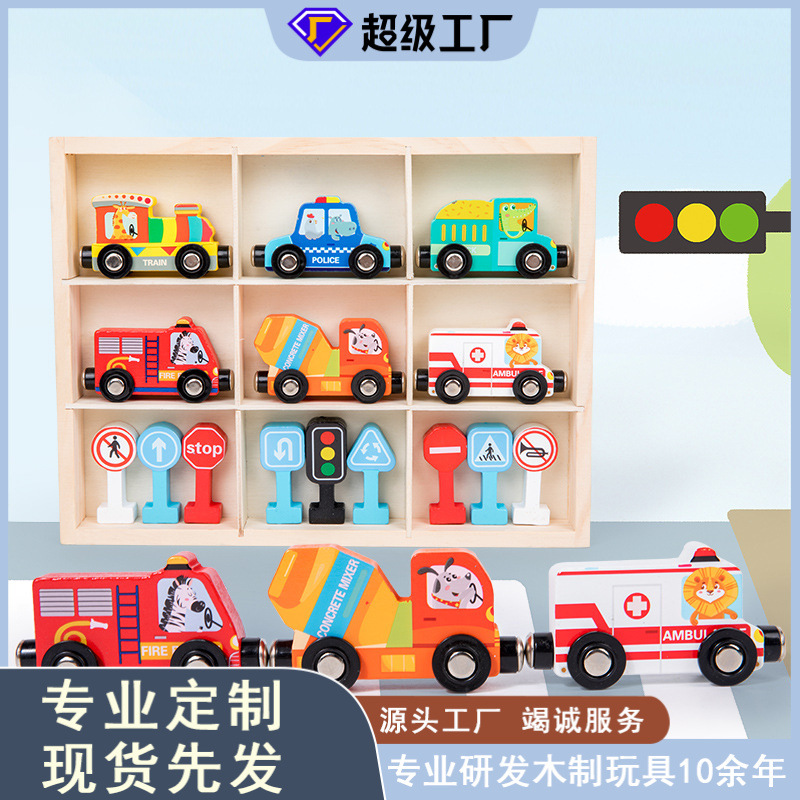 Educación temprana para niños tren de tráfico magnético coche de rescate de incendios semáforo entre padres e hijos juguetes de madera interactivos
