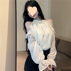 纯欲小香风珍珠挂脖露肩衬衫女春夏高级感小个子小衫雪纺长袖上衣