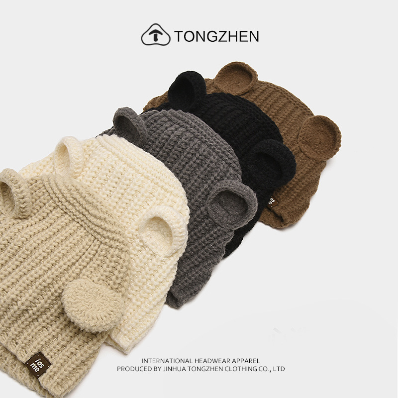 Linda alça de urso para mulheres no outono inverno para se manter aquecido e mostrar o rosto pequeno proteção de orelha trançada chapéu de malha_voghion.com