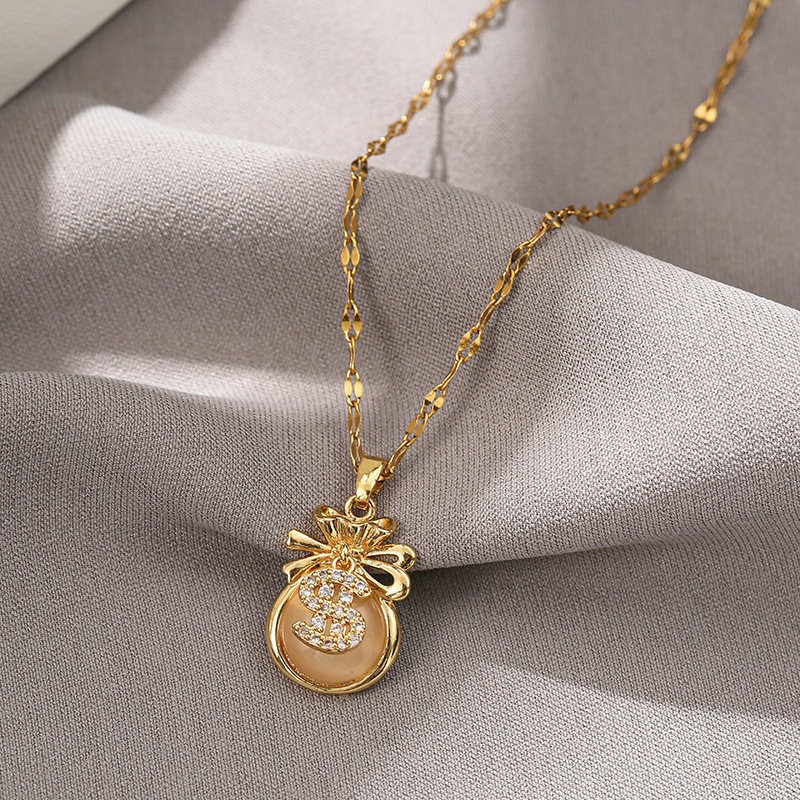 bow opal purse titanium steel necklace clavicle chain simple temperament micro rhinestone real gold electroplated copper pendant