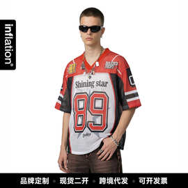 捷展男装|v领数码印花撞色拼接球服T恤夏季新品个性潮牌短袖球衣