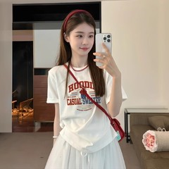 夏季新款韩版正肩爆款流行印花设计感短袖T恤宽松百搭打底上衣女
