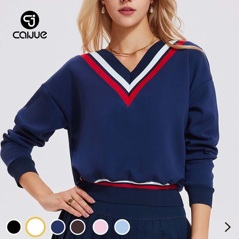 Caijue Cross-Border Amazon Sports Sweatshirt for Women, American Retro Loose Long-Sleeve V-Neck Badminton Tennis Wear for Women