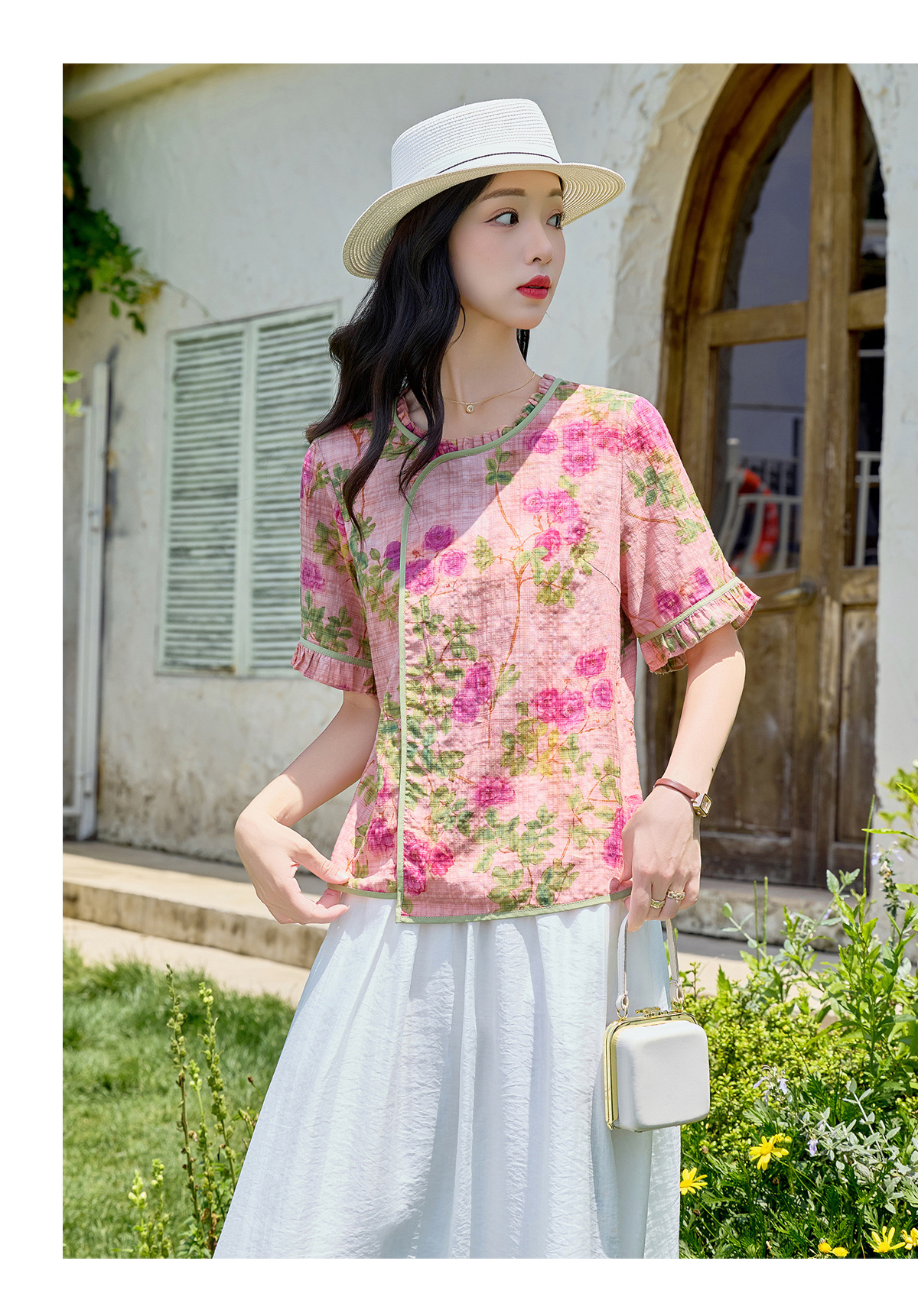 Bộ áo sơ mi in họa tiết cổ điển và chân váy thêu NI8362 — Màu ảnh chi tiết 12