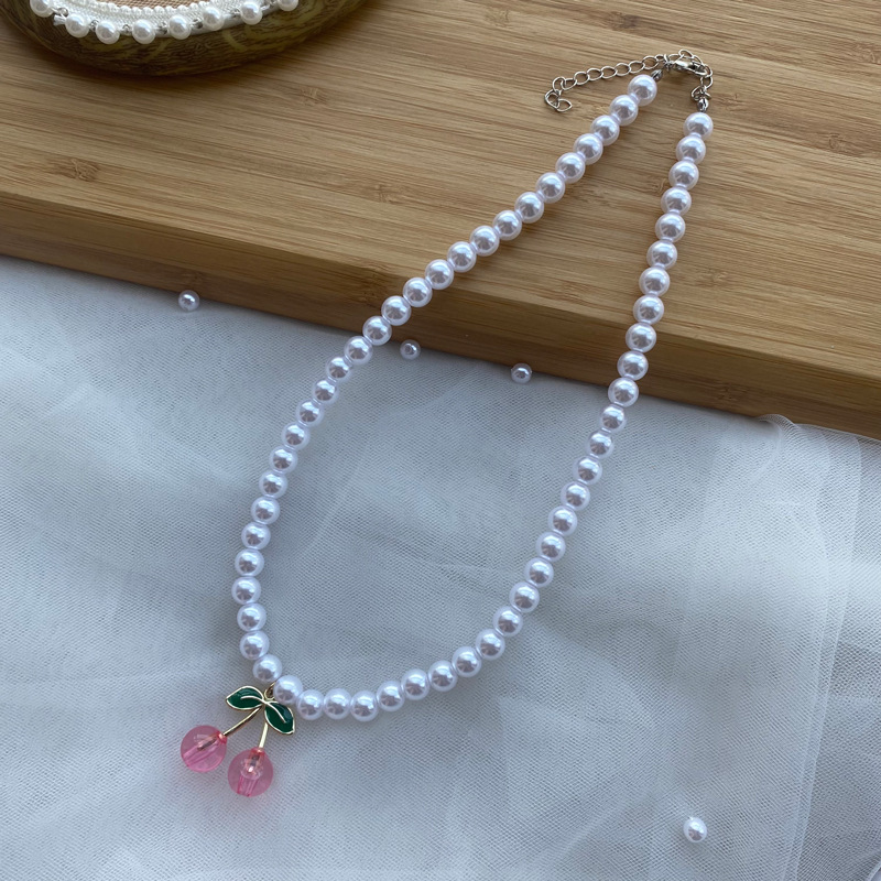 1 Piece Cute Cherry Artificial Crystal Pearl Beaded Womenu0027S Pendant Necklace