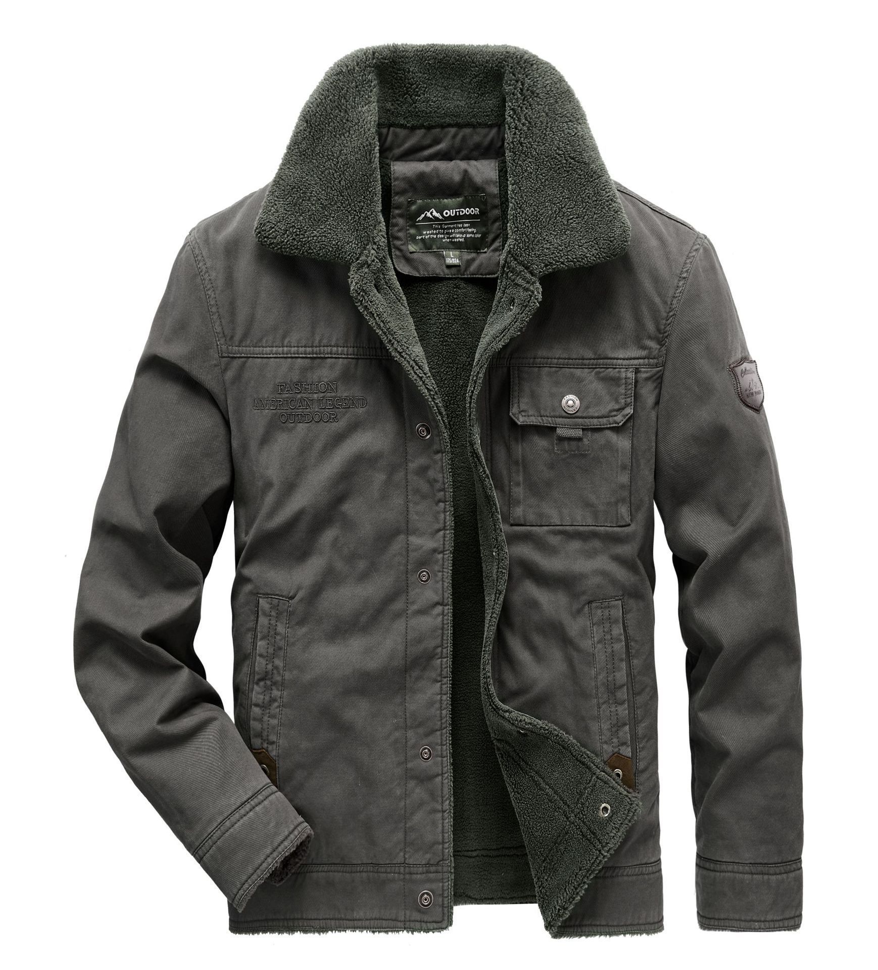 Herbst- und Papa-Outfit mit plüschiger, dicker, lässiger, lockerer Baumwolljacke für Männer mittleren Alters und warmer Winterjacke_voghion.com