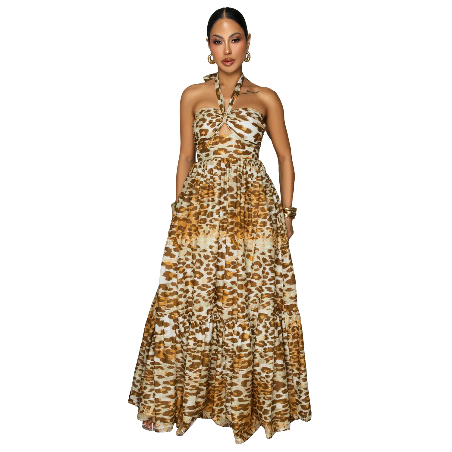 C7769 transfronterizo 2026 nueva ropa de mujer impresión de leopardo hueco cintura grande swing vestido de playa de vacaciones
