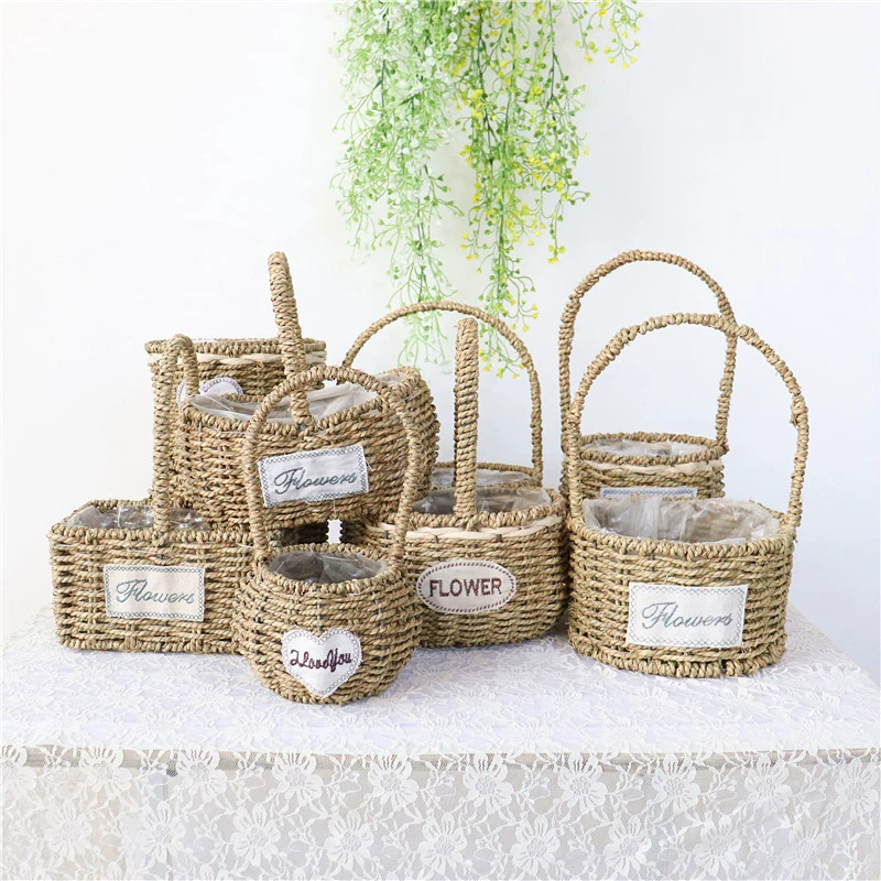Straw handheld flowerpot, woven basket, J64