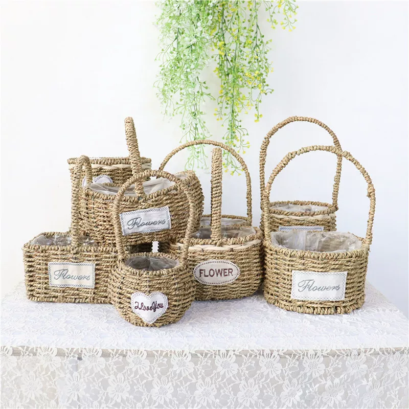 Straw handheld flowerpot, woven basket, J64