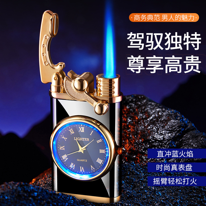 同款真手錶藍焰搖臂防風打火機充氣創意刻字禮物男友代發批發