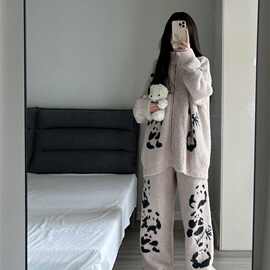 熊猫半边绒睡衣加绒加厚秋冬季毛绒针织家居服少女拉链套装+长裤