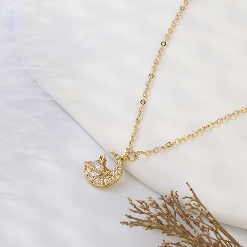 Star, Moon Pattern Elegant Basic Streetwear Star Moon Titanium Steel Zircon Pendant Necklace In Bulk