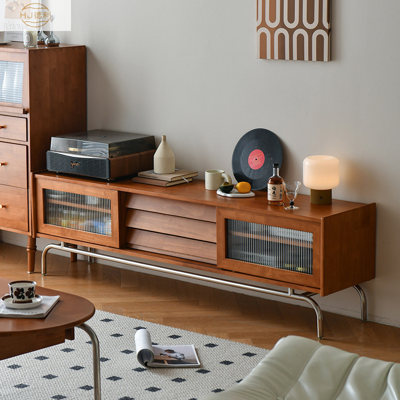 Living Room Solid Wood TV Cabinet Coffee Table Nordic Retro High-end Light Luxury Middle Ancient Storage Cabinet Living Room TV Cabinet