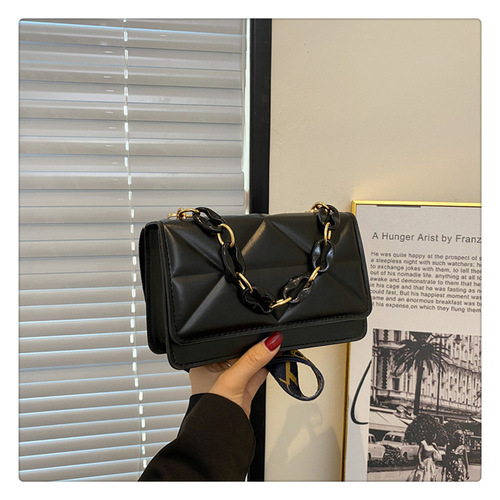 Popular texture women's bag  new trendy fashion chain shoulder crossbody bag wide shoulder strap embossed plaid small square bag