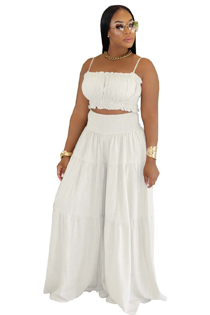 Women's Clothing Fashion Solid Color Suspender Top Plus Loose Wide Leg Pants Two Piece Set_voghion.com