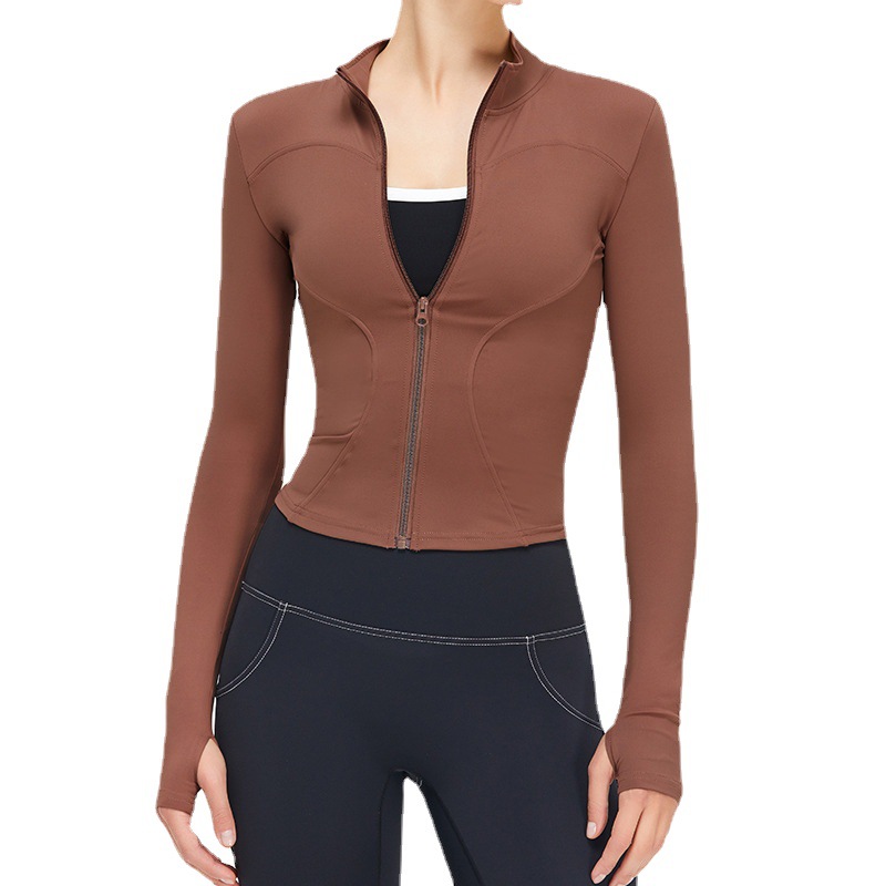 Ropa de fitness de secado rápido de las mujeres SLIM-Fit deportes top de alta cremallera elástica ropa de Yoga de manga larga collar chaqueta de yoga