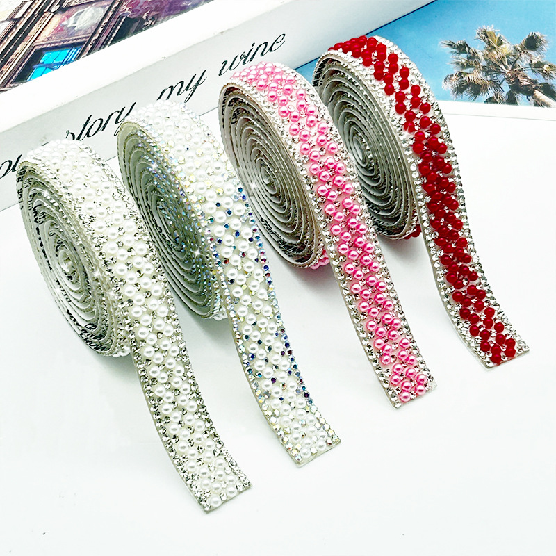 Tela de diamantes de imitación de perlas de color, cinta de diamantes autoadhesiva adhesiva hecha a mano, accesorios de joyería, ropa de diamantes de imitación de bricolaje, pegatinas de diamantes