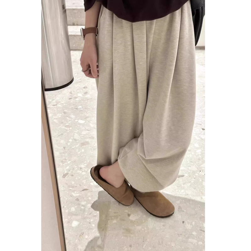 Autumn and Winter Maternity Oatmeal-Colored Dad-Style Casual Pants, Loose High-Waisted Slimming Nine-Point Wide-Leg Pants for Pregnant Women, Thickened and Fleece-Lined
