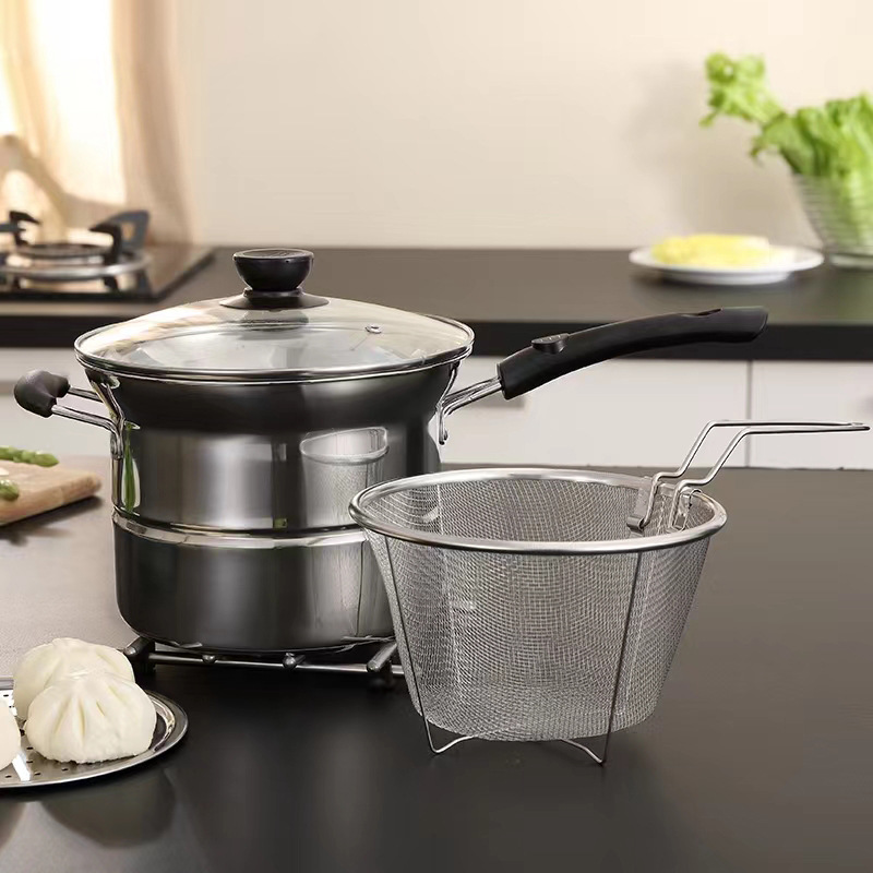 不鏽鋼油炸鍋家用多功能撈麵鍋電磁爐通用麵條鍋迷你帶濾網炸鍋