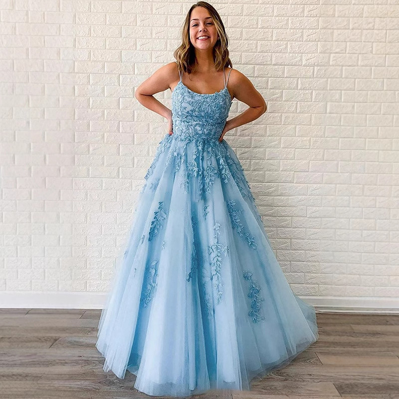 European and American Evening Dress with Thin Straps, Ball Gown, Long Dress, 2026 New Style, Sheer Lace Appliqué Dress