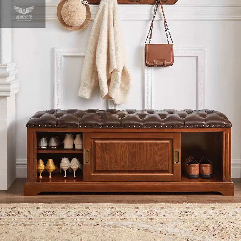 Taburete de cambio de zapatos de madera maciza americana, zapatero, zapatero, sala de estar doméstica de estilo europeo, en la puerta, taburete de zapatos, taburete de almacenamiento multifuncional