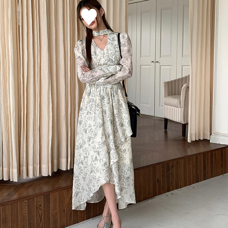 2025 春、夏、秋の新スタイル V ネック花柄ドレス女性の長袖ウエスト痩身ロングスカートフレンチレトロスカート|undefined
