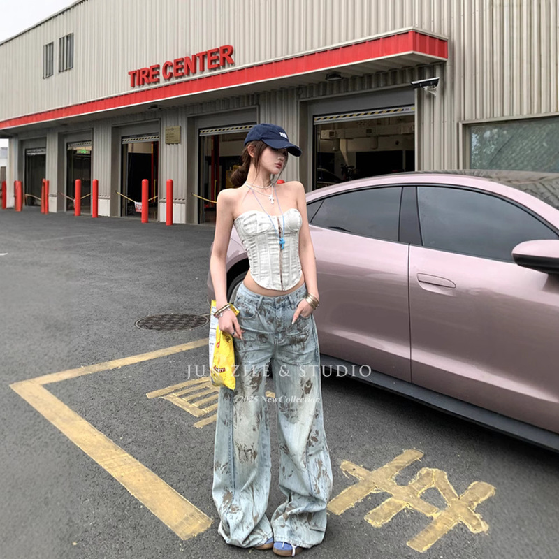 Hot Girl suit Women's Summer Slim-fit Fishbone Tube Chest Strap Outer Wear Sleeveless Top Loose Wide Leg Jeans