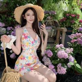 多巴胺彩色碎花领挂脖连衣裙女夏日海边度假风露背海岛沙滩短裙