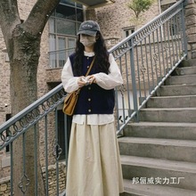 小个子早秋女复古文艺森系田园风穿搭日系叠穿马甲衬衫半身裙套装