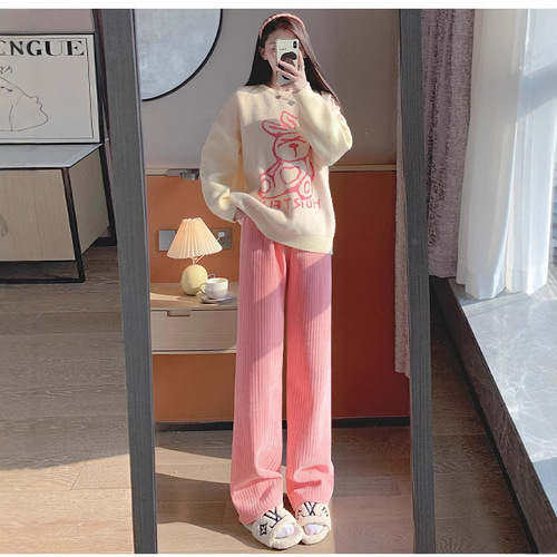 Shenille velvet wide-leg pants for women, new autumn/winter 2024, high-waisted, flowing style, casual straight-leg pants, suitable for petite figures, white color