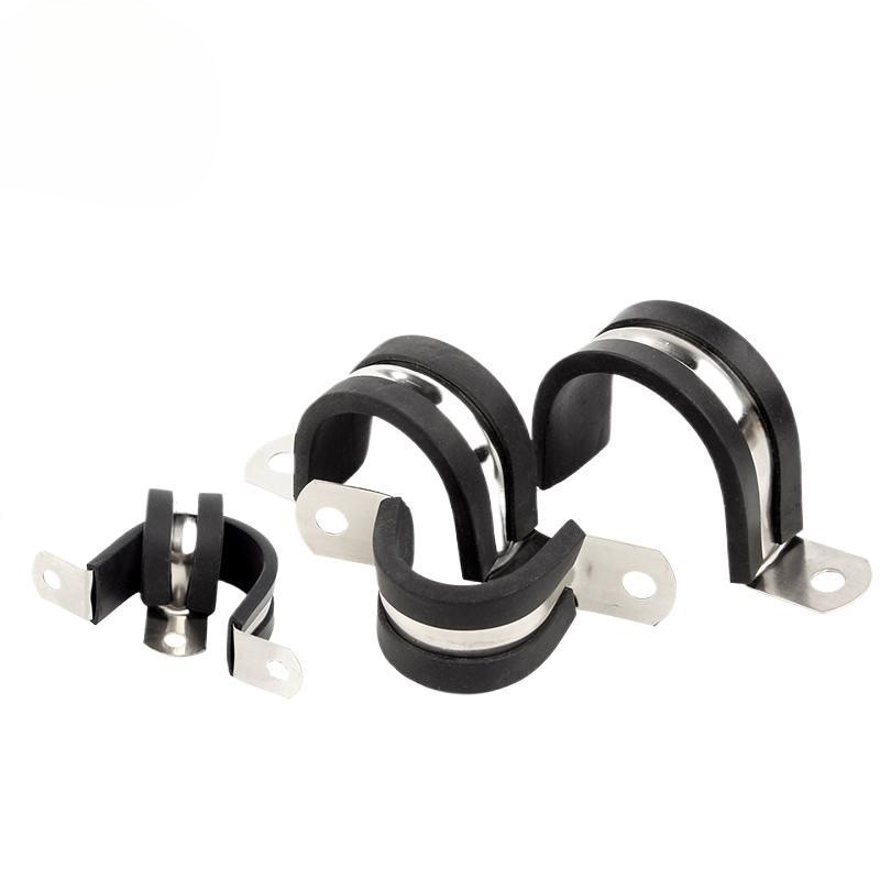 304不锈钢U型卡扣带连胶条骑马卡管卡喉箍水管固定夹锁紧钢管抱箍