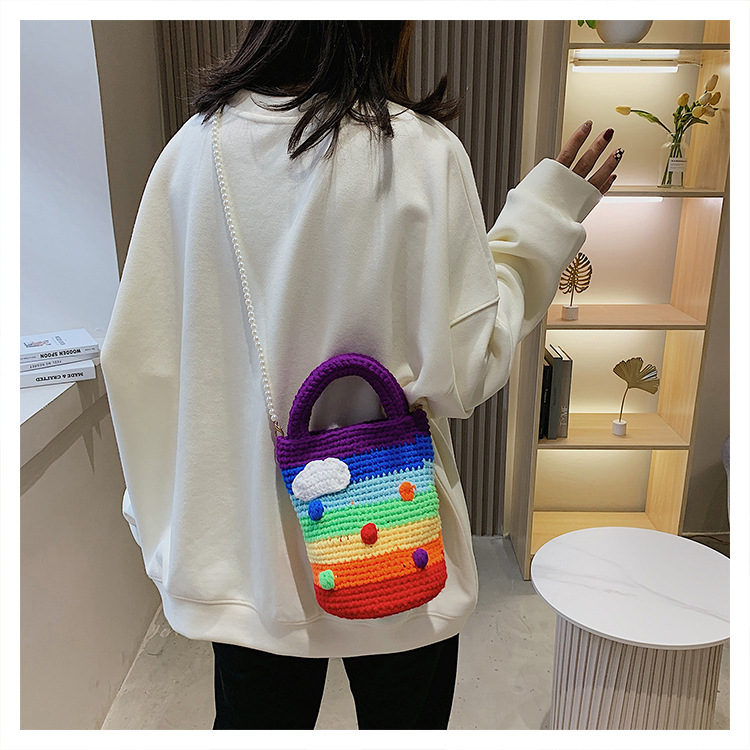 Women's Medium Plush Rainbow Stripe Cute Beading Weave Bucket Open Crossbody Bag display picture 22