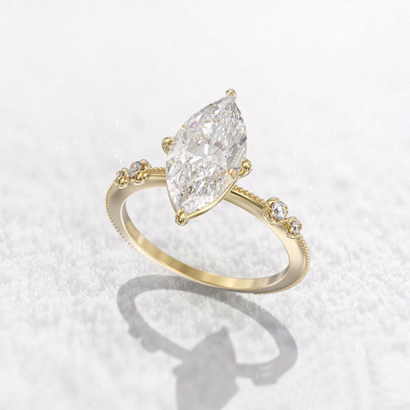 Cross-Border Hot Selling Copper Inlaid Marquise Imitation Moissanite Women's Ring Bead Edge Marquise Women's Niche Light Luxury Ring Factory Direct Sale