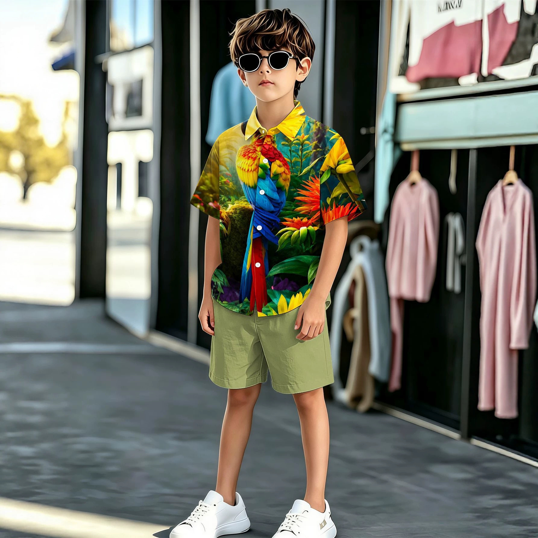 Neues Sommer-Set mit Totem-Print für Jungen: Hemd und Shorts mit Umlegekragen._voghion.com