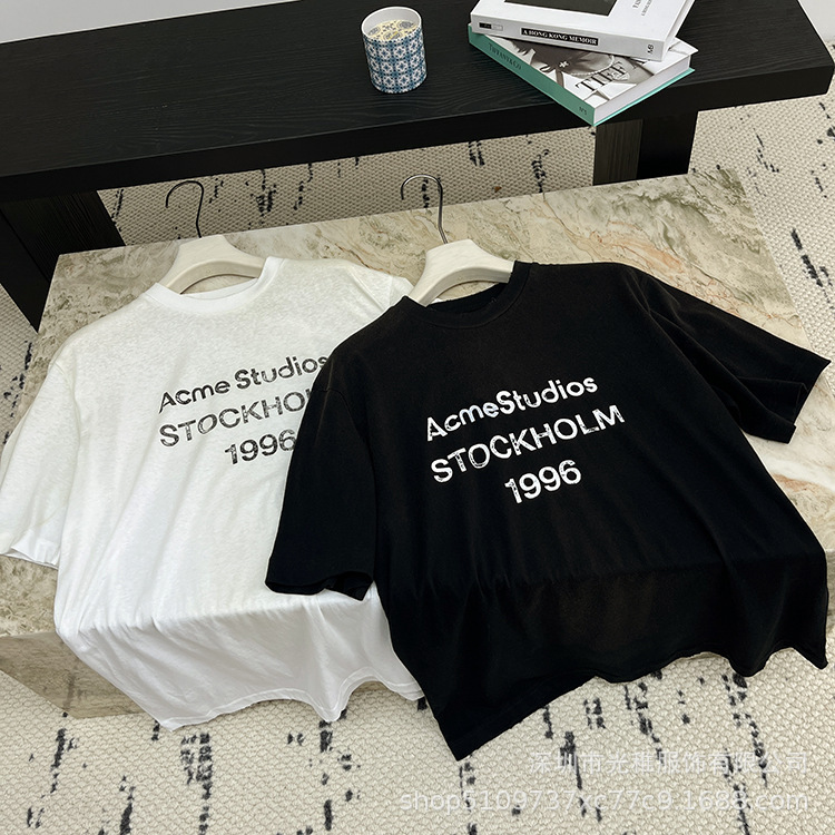 Classic Hand-Painted Style Loose Letter Print Distressed T-Shirt 1996 Versatile Short-Sleeved Retro Style for Men and Women