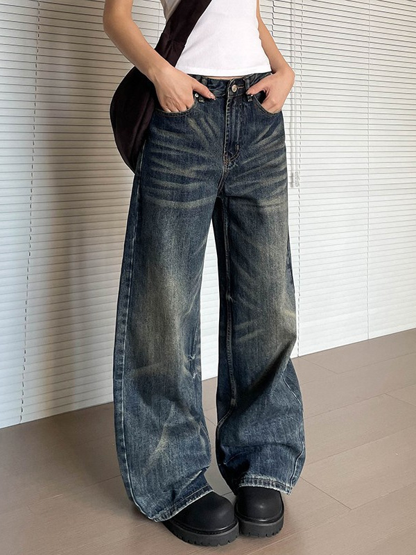 美式复古猫须水洗做旧牛仔裤男女新款cleanfit高级感宽松直筒裤子|undefined