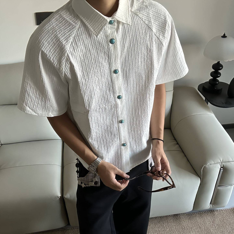 Pem "Tears of the Ocean" Short-Sleeved Shirt T-Shirt Turquoise Textured Pleated Shirt Old Money Boxy Top for Men