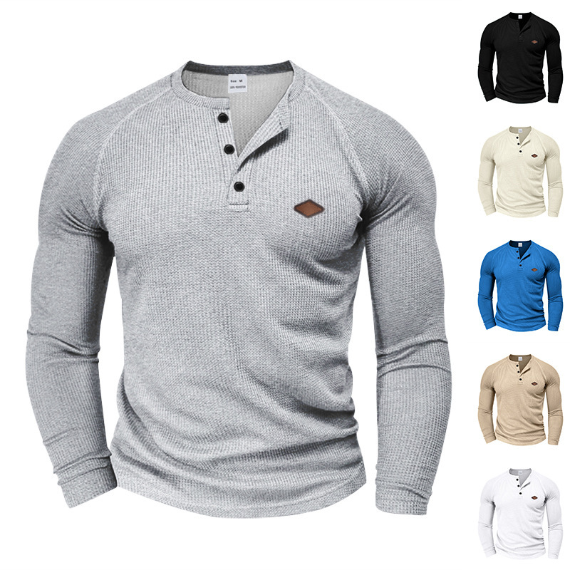 25 Cross-border Amazon Men's Long-sleeved T-shirt Casual American Spring and Autumn Waffley Thin Quick-drying Raglan Henry Shirt 25 Cross-border Amazon Men's Long-sleeved T-shirt Casual American Spring and Autumn Waffley Thin Quick-drying Raglan Henry Shirt