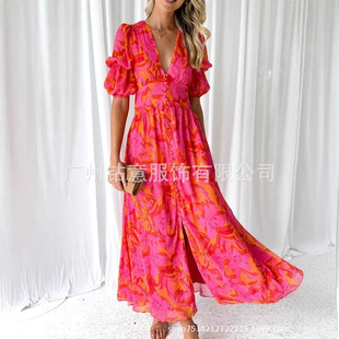 2025 Foreign Trade Printing Ladies Sexy Elegant Light Mature New Cross-border E-commerce Amazon V-neck Long dress