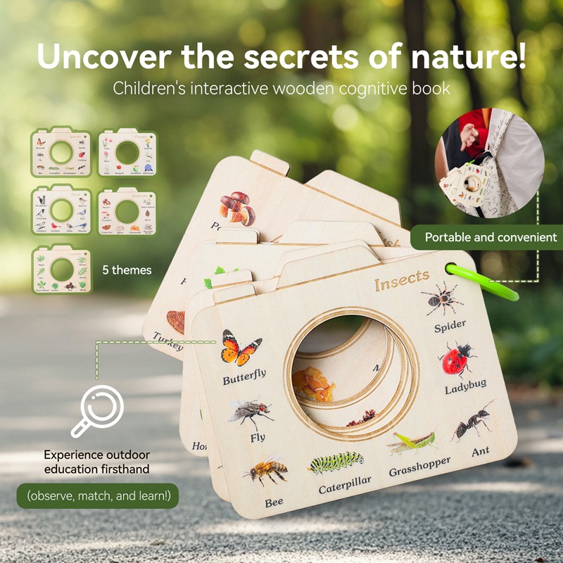 Montessori enseña libros de madera, educación temprana para bebés transfronterizos, rompecabezas, aprendizaje de palabras en inglés, tarjetas de reconocimiento de animales y plantas, libros de madera