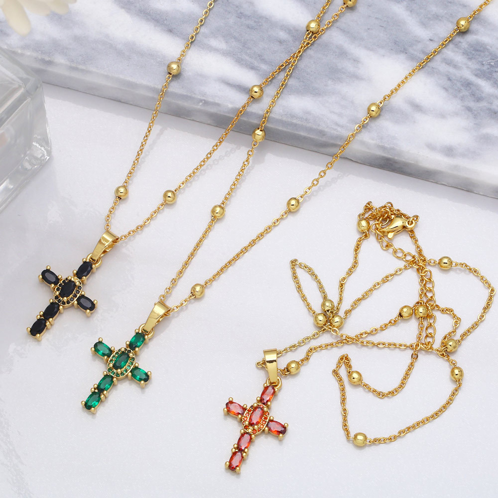 fashion cross shaped pendant microset colorful gem zircon necklacepicture3