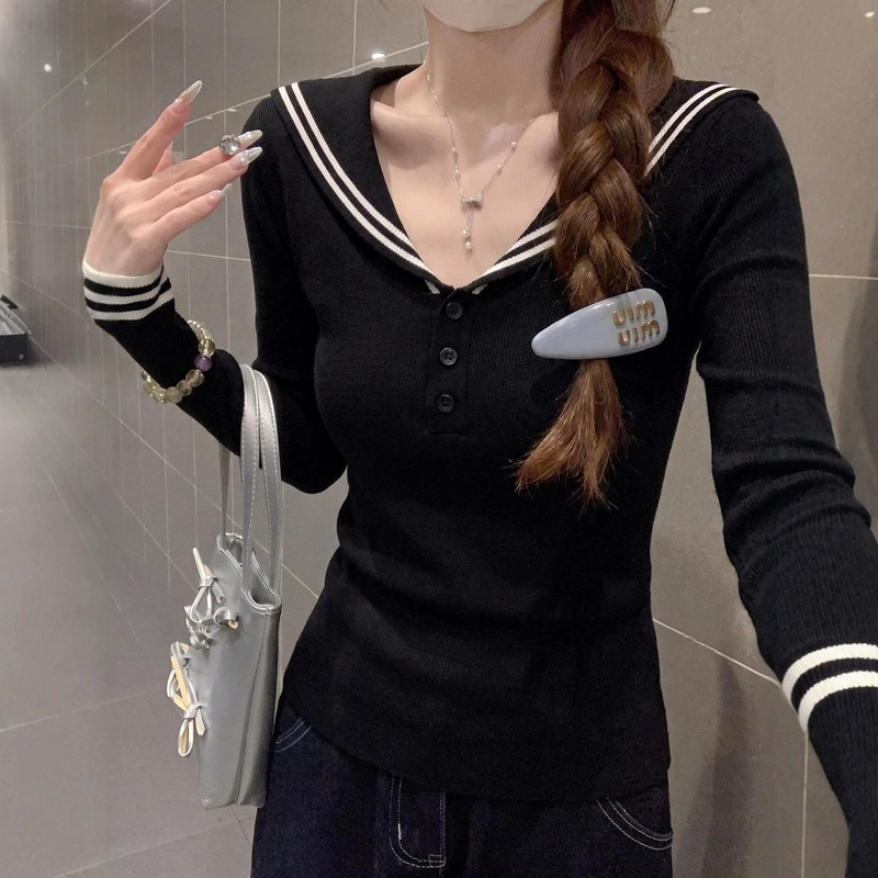 College-style navy collar black long-sleeve knit sweater for women, early autumn, slim-fit, age-reducing, trendy base layer top College-style navy collar black long-sleeve knit sweater for women, early autumn, slim-fit, age-reducing, trendy base layer top