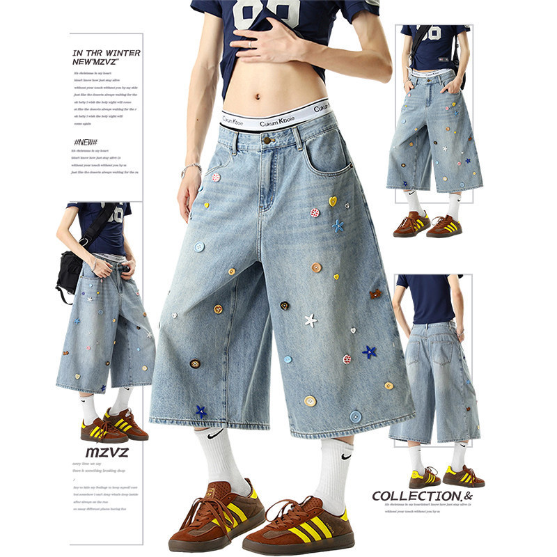 Vintage high-end colorful button denim shorts for women, new summer style, slimming and casual, plus-size cropped mid-length pants