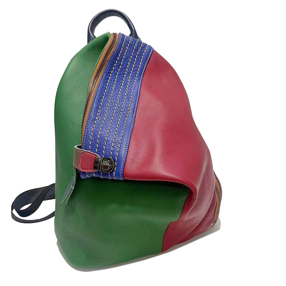 Women's Leather Backpack, Color Blocked Cowhide Travel Backpack, Colored Leather Backpack_voghion.com