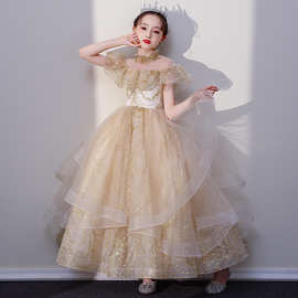 亮片女童礼服金色儿童蛋糕裙网纱蓬蓬裙子中大童钢琴主持人演出服