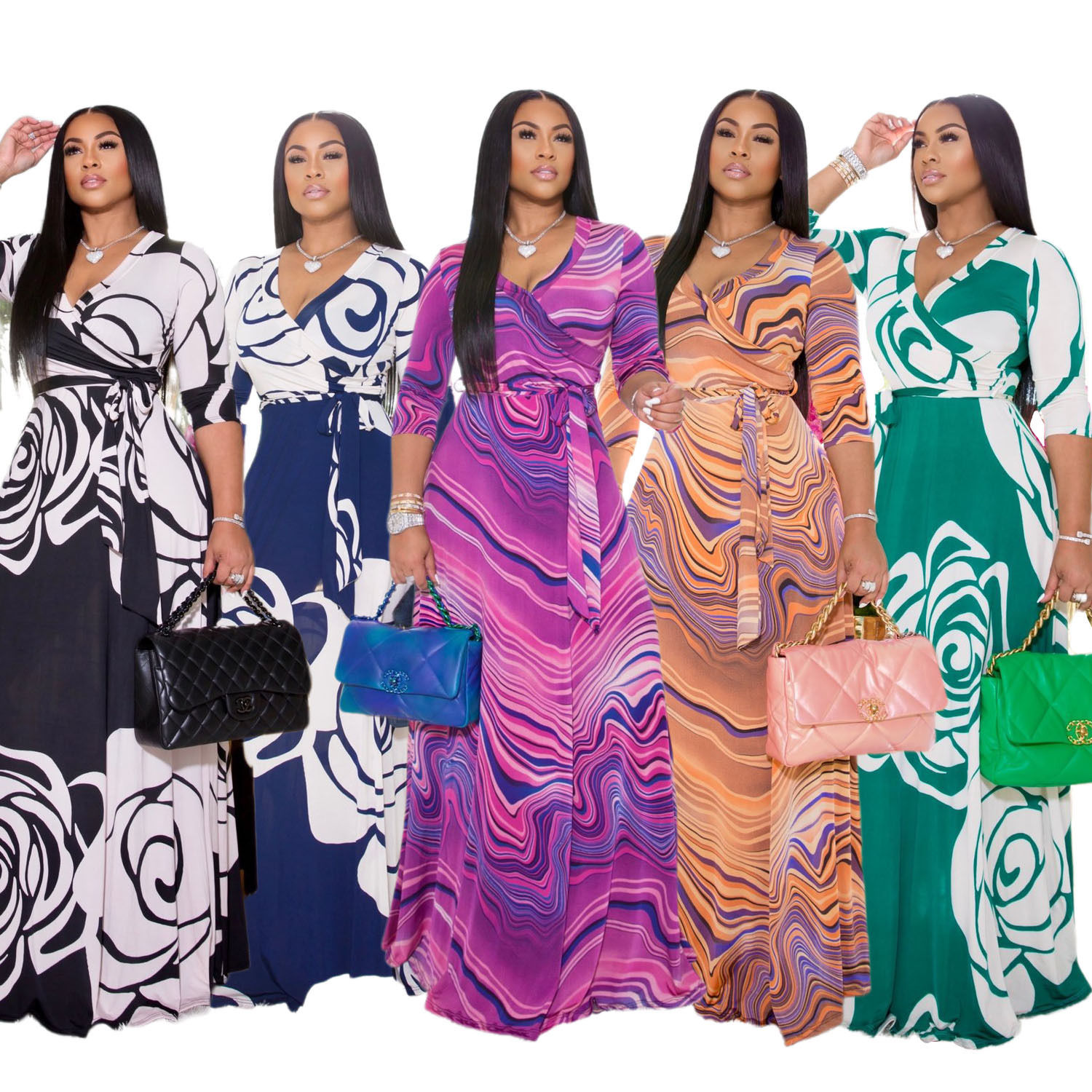 1110欧美秋冬新款跨境 夏季新品印花连衣裙收腰拖地长裙大码女装