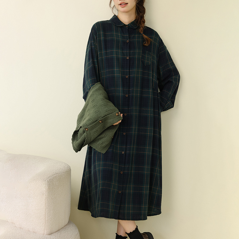 Color-Blocked Plaid Double-Layer Cotton Gauze Long-Sleeved Shirt Dress Loose Large Size Slimming Autum Literary Casual Long Dress