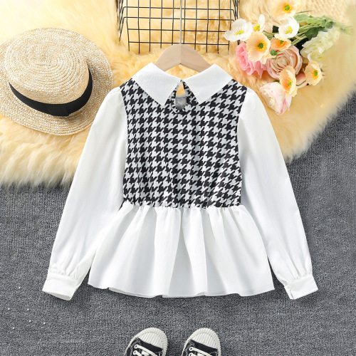 Children's crew neck sweater 2024 spring import and export style houndstooth patchwork two-piece girl's T-shirt European and American color-matched children's clothing